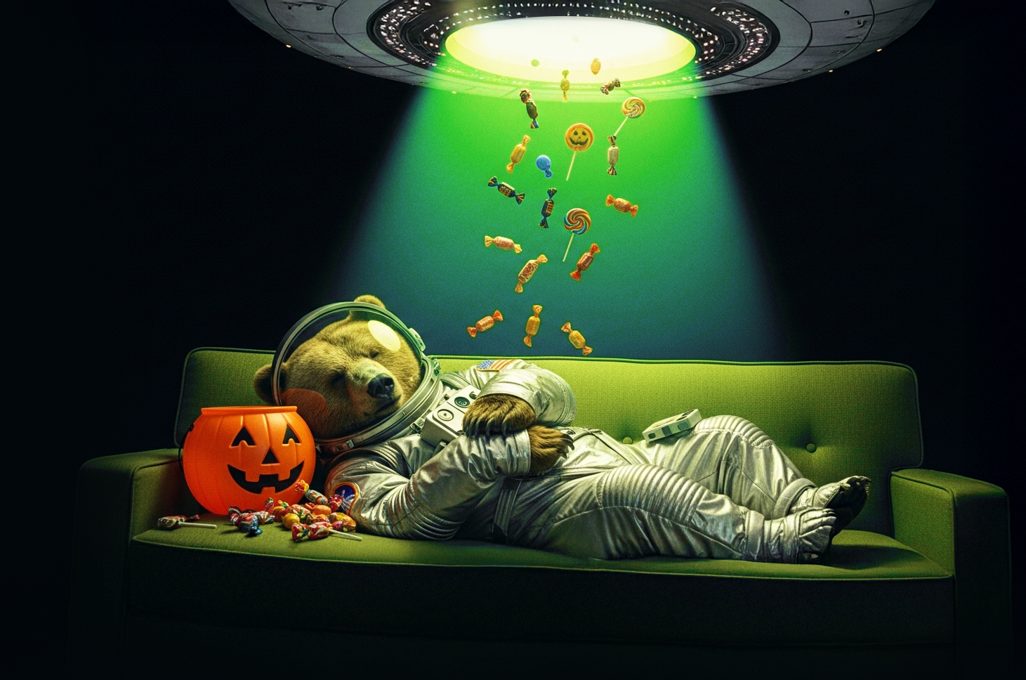 illustration of a bear that has passed out from eating too much candy on Halloween