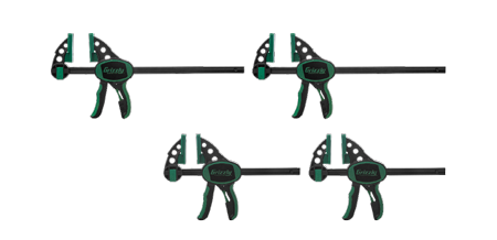 four clamps on a solid color background