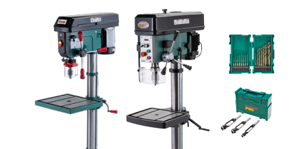 two drill presses and some accessories used with these drill presses on a solid color background