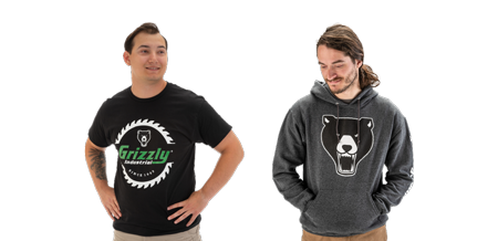 two people standing next to each other wearing grizzly apparel. One is wearing a black grizzly t-shirt and the other is wearing a gray grizzly hoodie. They are on a solid color background.
