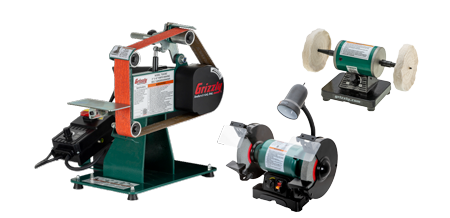 a grinder, a sharpener, and a buffer on a solid color background