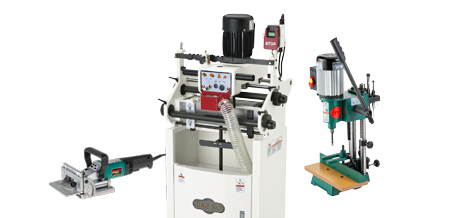 three machines used for joinery on a solid color background