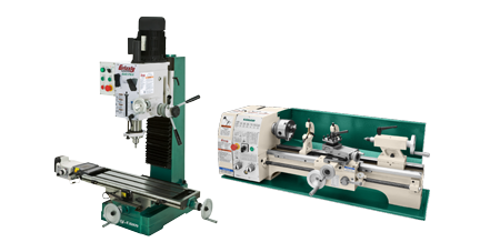 a metal lathe and a mill on a solid color background