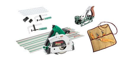 a track saw with clamps and other accessories along with various hand tools on a solid background