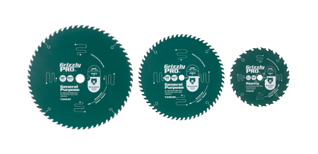 three green grizzly sawblades on a solid color background