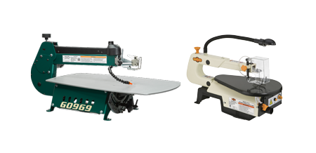 two scroll saws on a solid color background