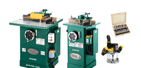 two shapers, a router, and a set of router bits on a solid color background