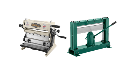 two sheet metal machines on a solid color background