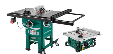 two table saws on a solid color background