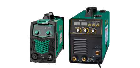 two welders on a solid color background