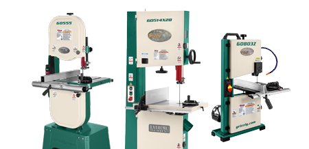 three woodworking bandsaws on a solid color background