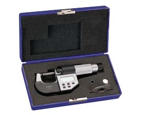 a micrometer with a digital read out sitting in a padded case