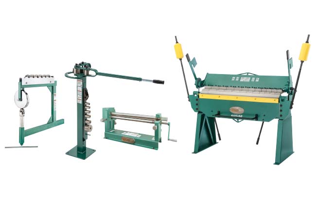 four metal forming machines including an english wheel, slip roll, bending brake, and floor model bender