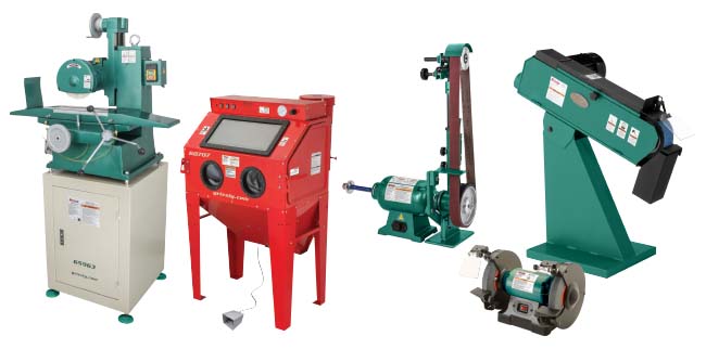 five grizzly machines used for grinding, sandblasting, buffing, sharpening and sanding