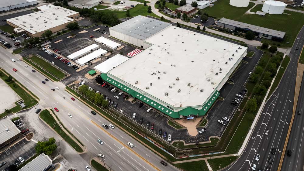 Aerial photo of the Grizzly Showroom in Springfield during the 2025 tent sale weekend