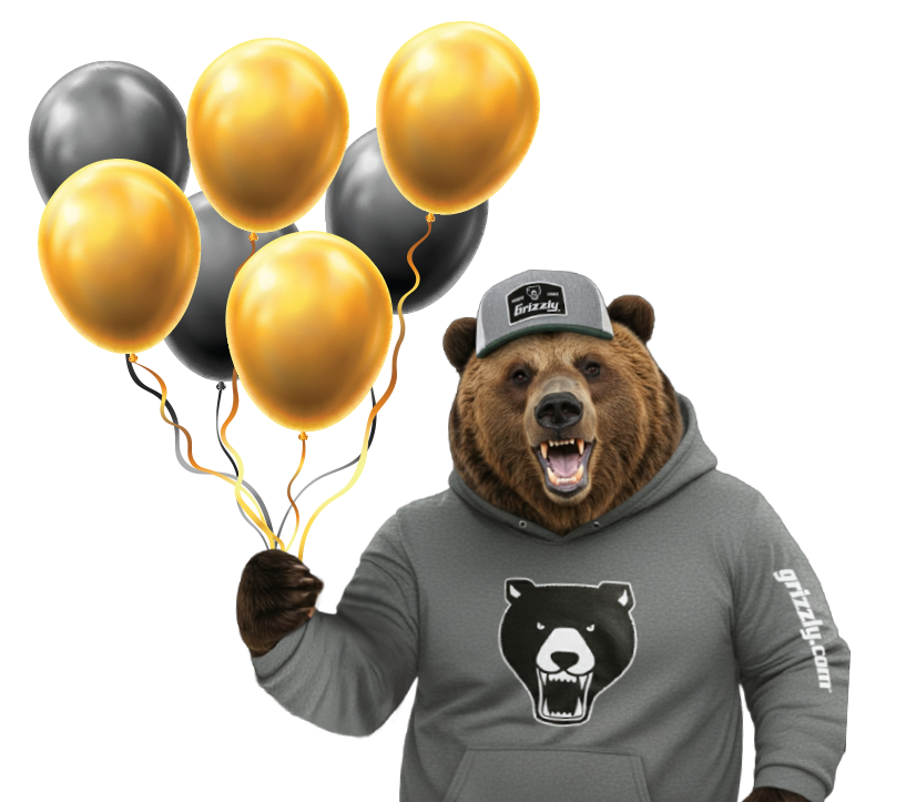a grizzly bear holding baloons