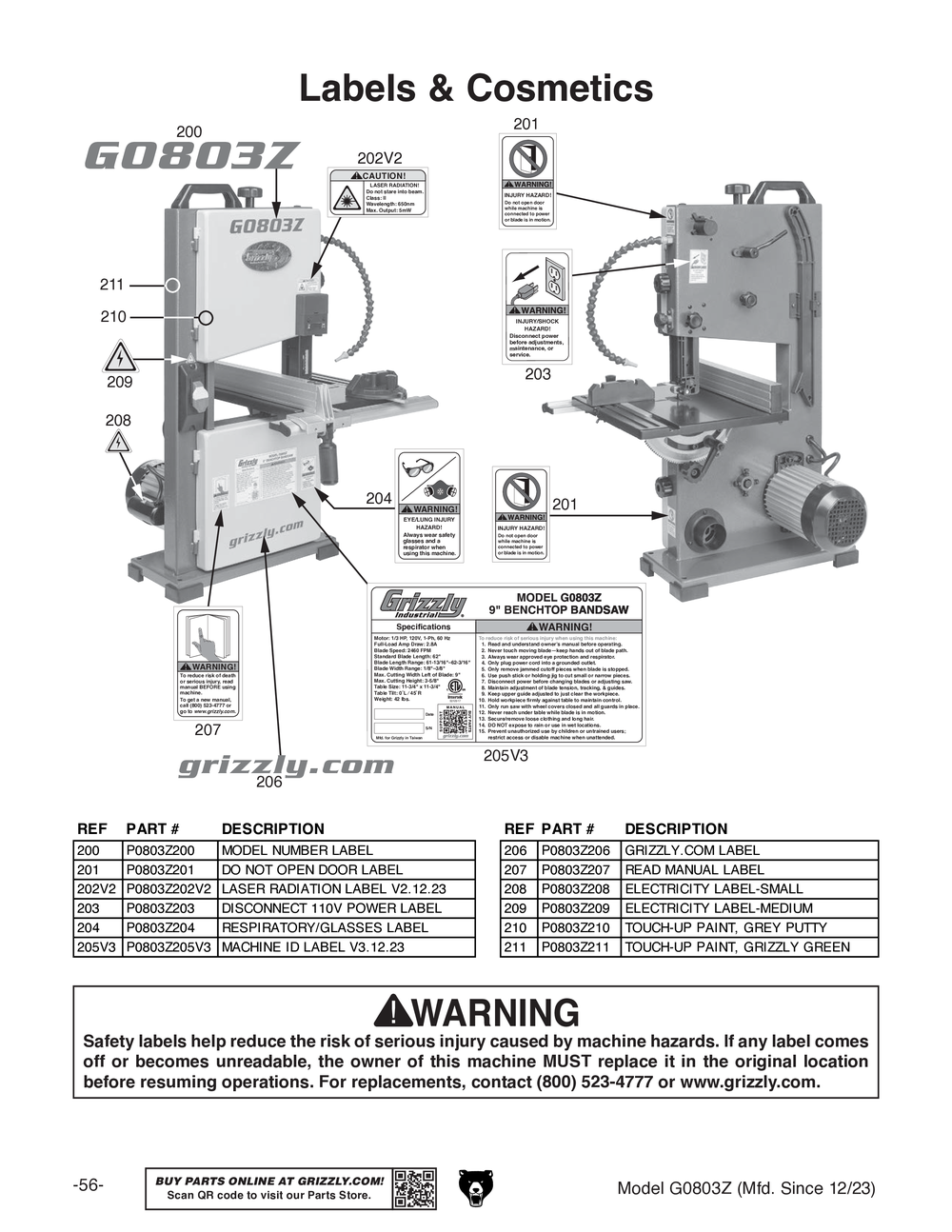 Parts for 9" Benchtop Bandsaw w/ Laser Guide & Quick Release Grizzly