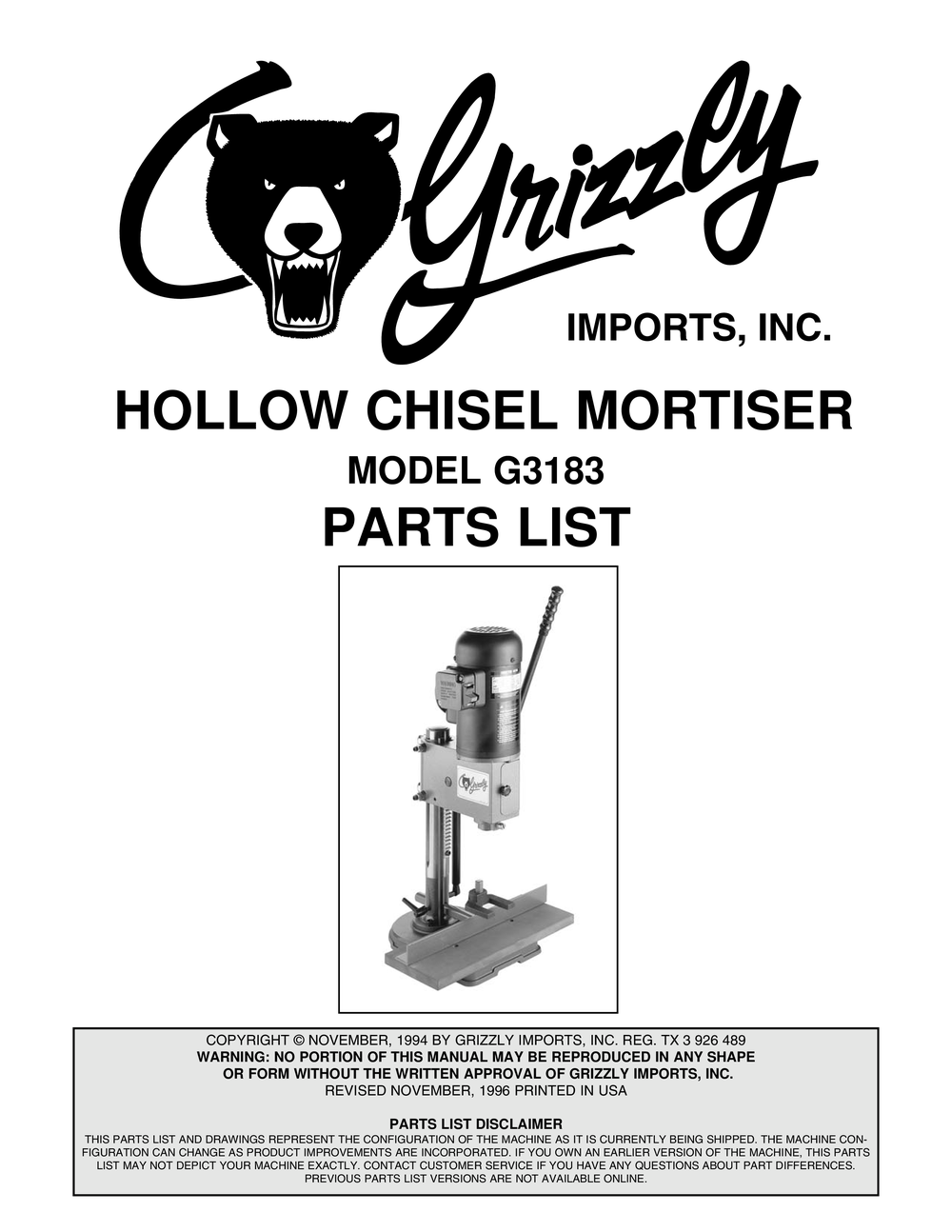 Parts for Hollow Chisel Mortiser Grizzly Industrial