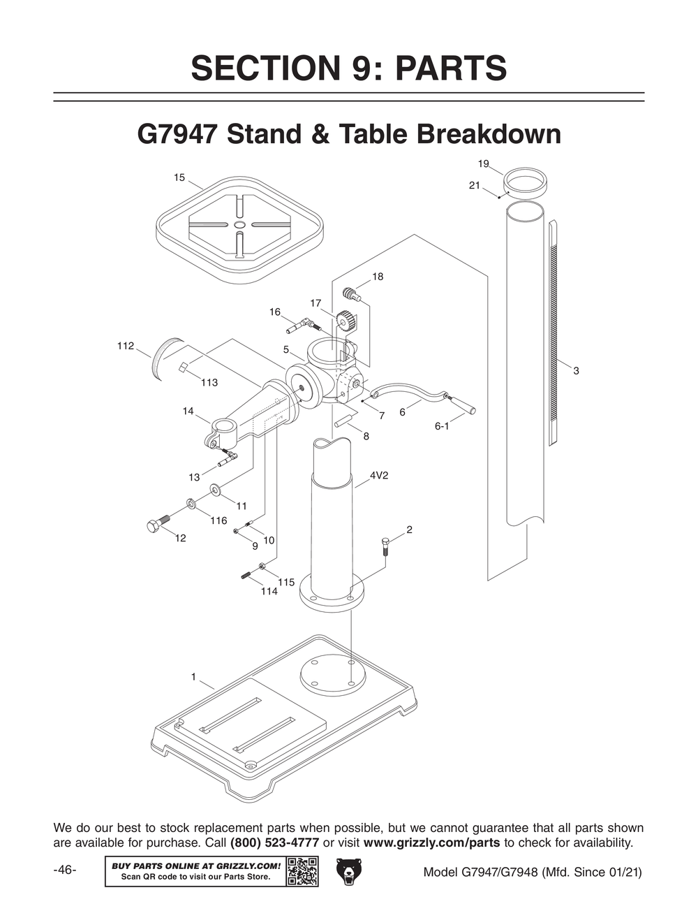 Parts for 20" Floor Drill Press Grizzly Industrial