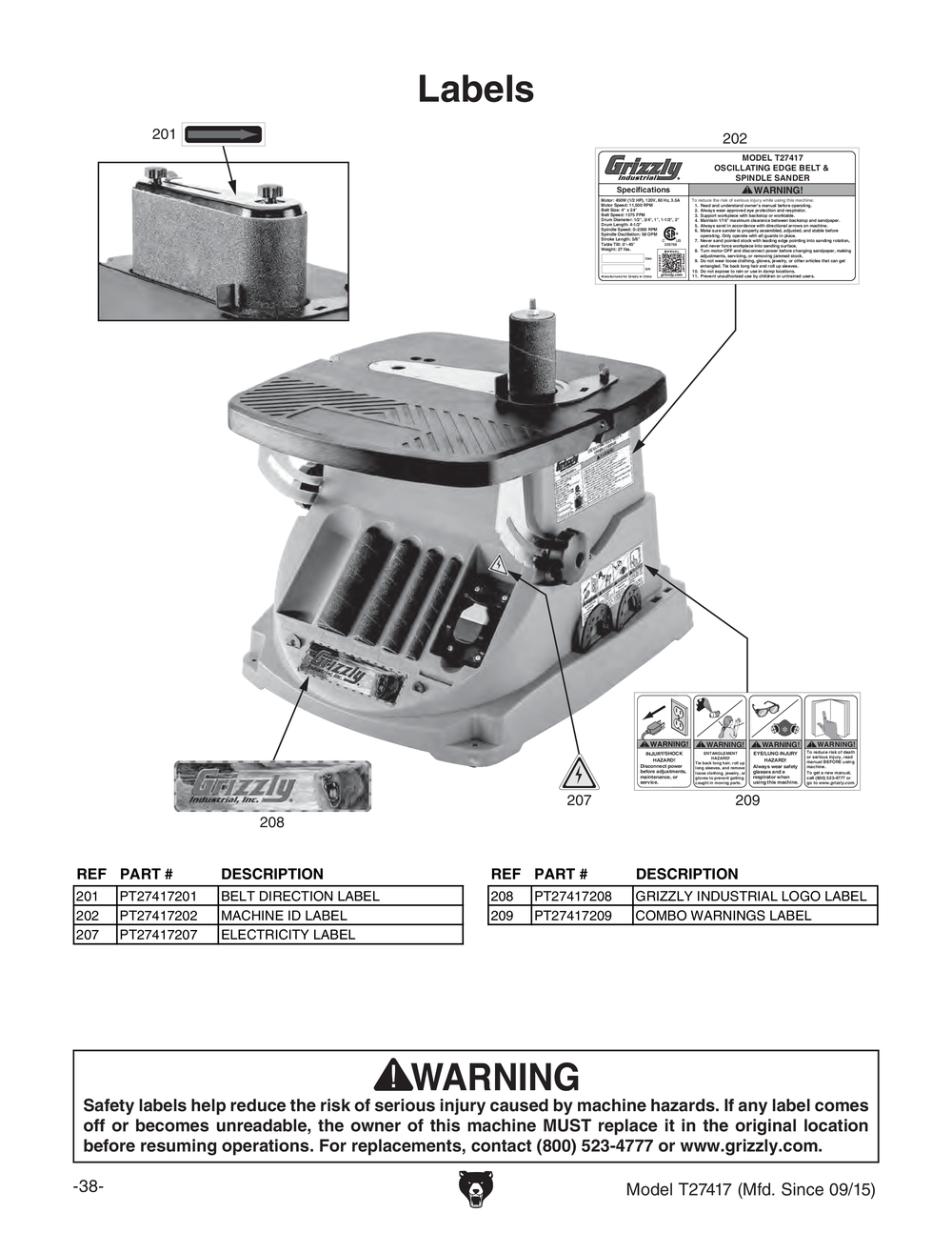 Parts for Oscillating Edge Belt and Spindle Sander Grizzly Industrial