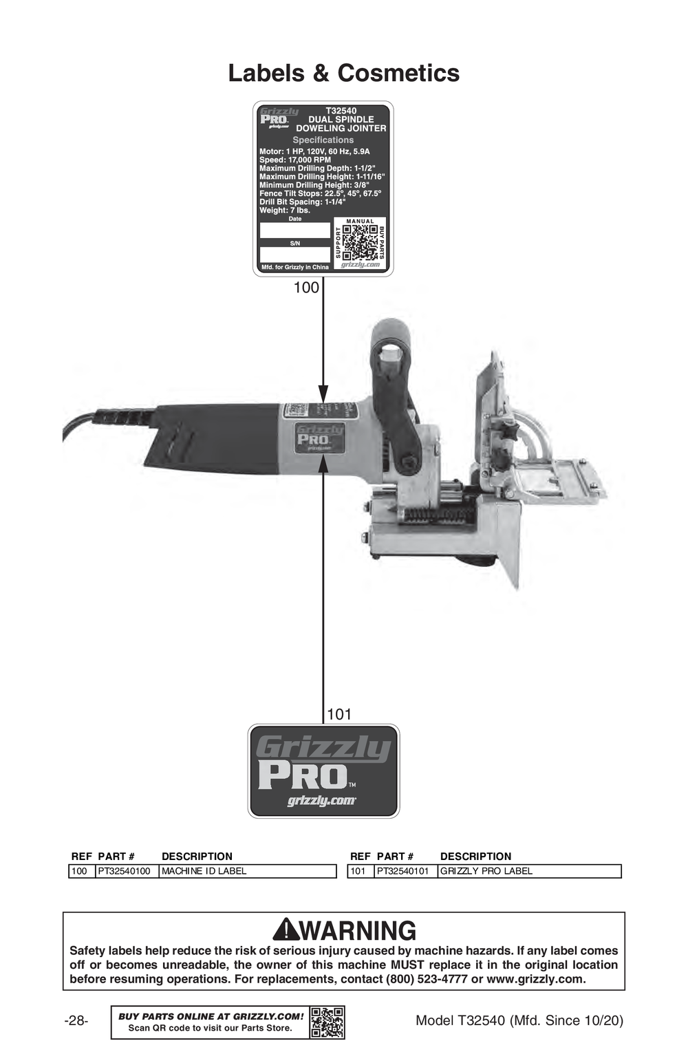 Parts for Dual Spindle Doweling Joiner Grizzly Industrial