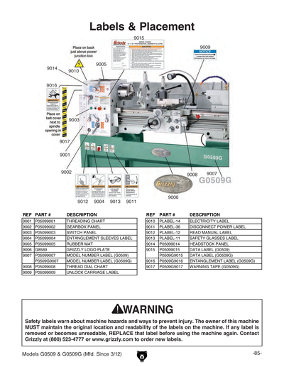 Parts for G0509 16