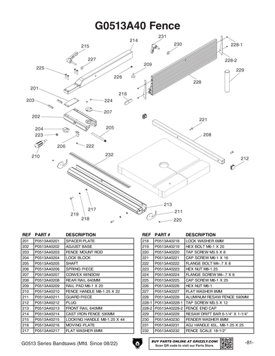 Parts for G0513A40 17