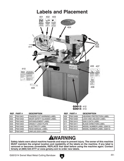 Parts for G0613 7