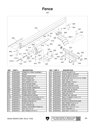 Parts for G0634X 12