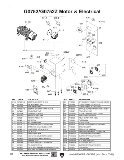 Parts for G0752Z 10