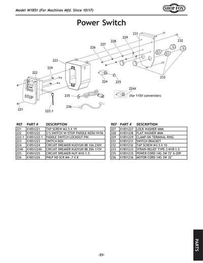 Parts for W1851 2 HP 10