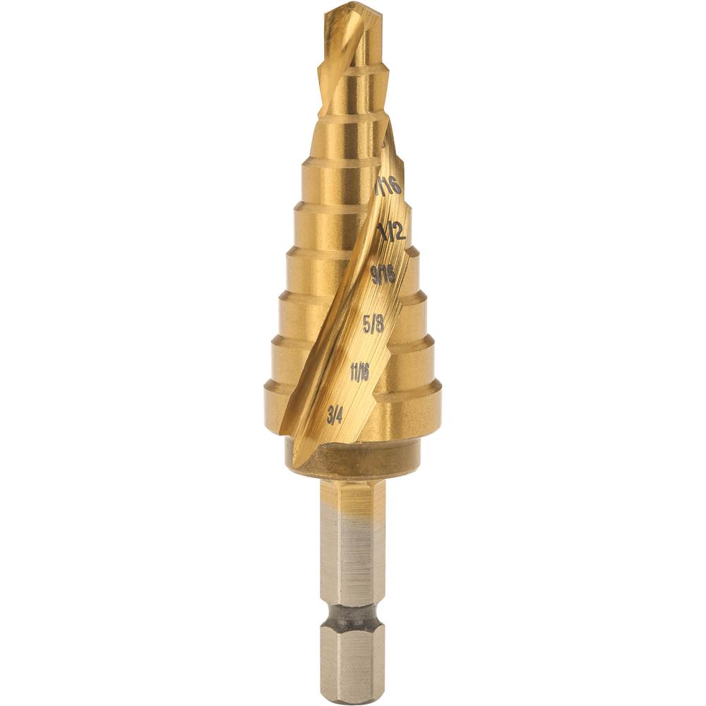 Step Drill Bit 1/4" to 3/4" TiN Coated by 16ths, 8 Steps, Hex Shank at