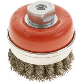 Knotted Steel Cup Brush Wheels, M10-1.5, 3" Dia.