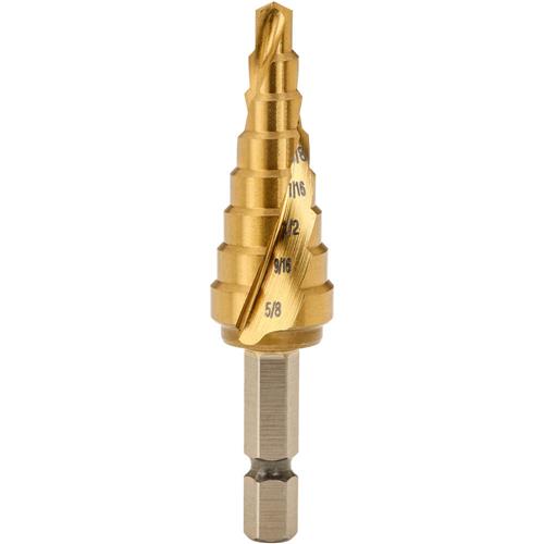 Step Drill Bit 3/16" to 5/8" TiN Coated by 16ths, 8 Steps, Hex Shank