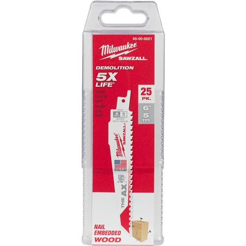 SAWZALL AX 6" 5 TPI Nail Embedded Wood Blade, 25 pk. Grizzly Industrial