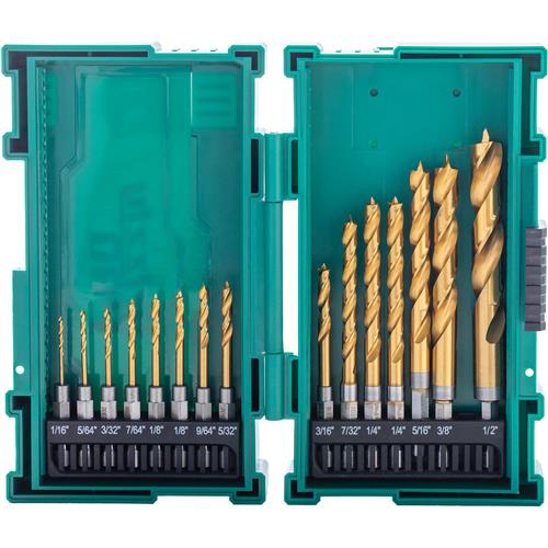 Image for Grizzly PRO T34201 - 15-PC M2 HSS TiN-Coated Quick Release Hex Shank Brad Point Bit Set