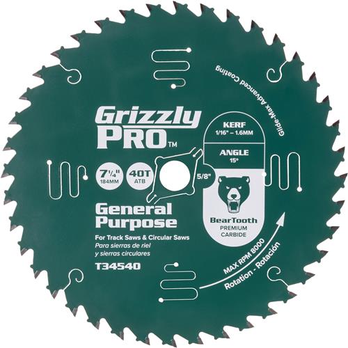 Image for Grizzly PRO T34540 - 7-1/4" x 5/8" 40T ATB Thin Kerf Combination Saw Blade