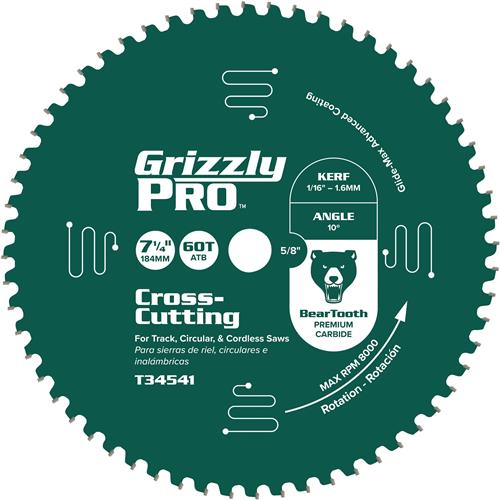 Image for Grizzly PRO T34541 - 7-1/4" x 5/8" 60T ATB Thin Kerf Crosscut Saw Blade